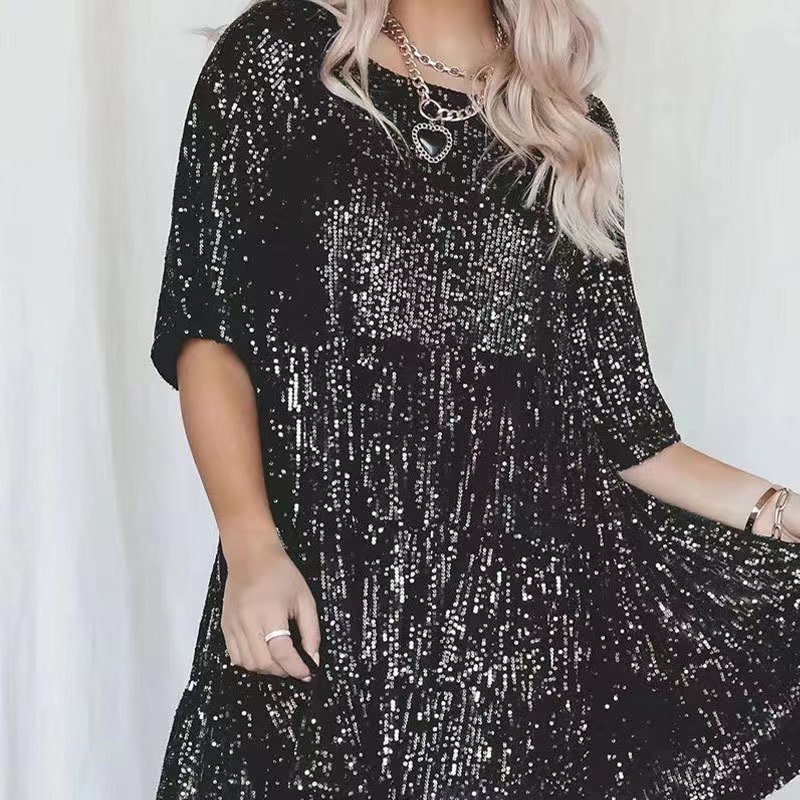 Sequin A Line Mini Dress Round Neck Short Sleeve Loose Fit Party Wear Evening Gown Wholesale Available