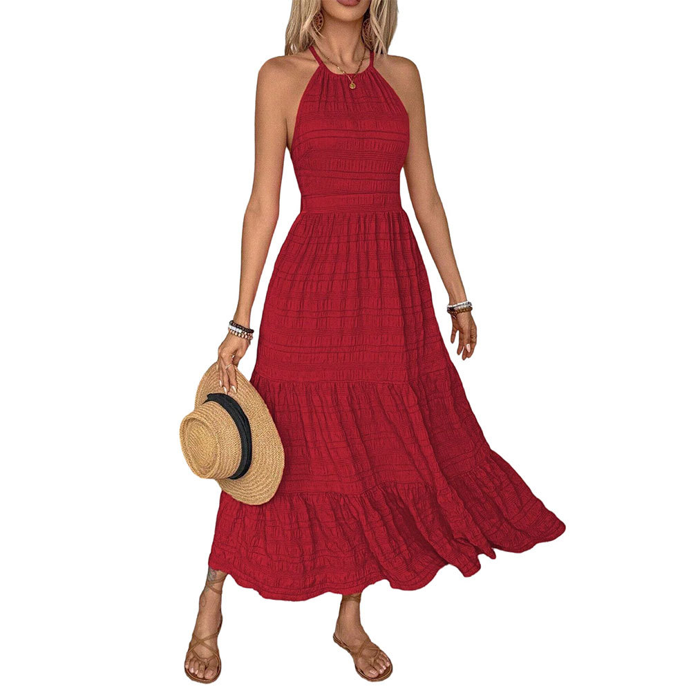 Vintage Red Halter Neck Dress Summer High Waist Backless Long Dress