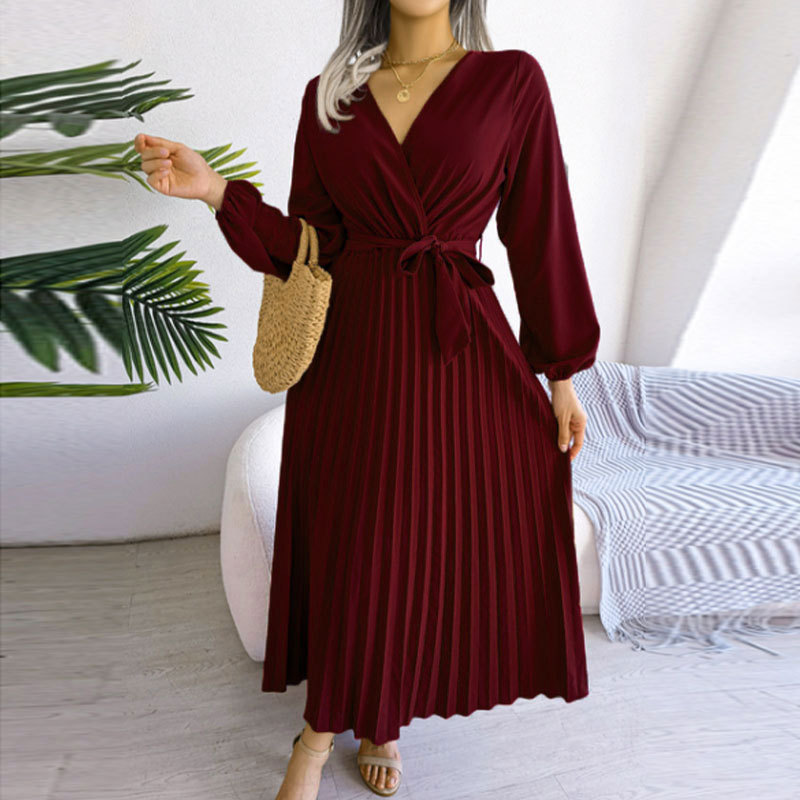 Summer Casual High Waist Pleated Dress Solid Color V Neck Cross Back Design Perfect for Outdoor Events Wholesale