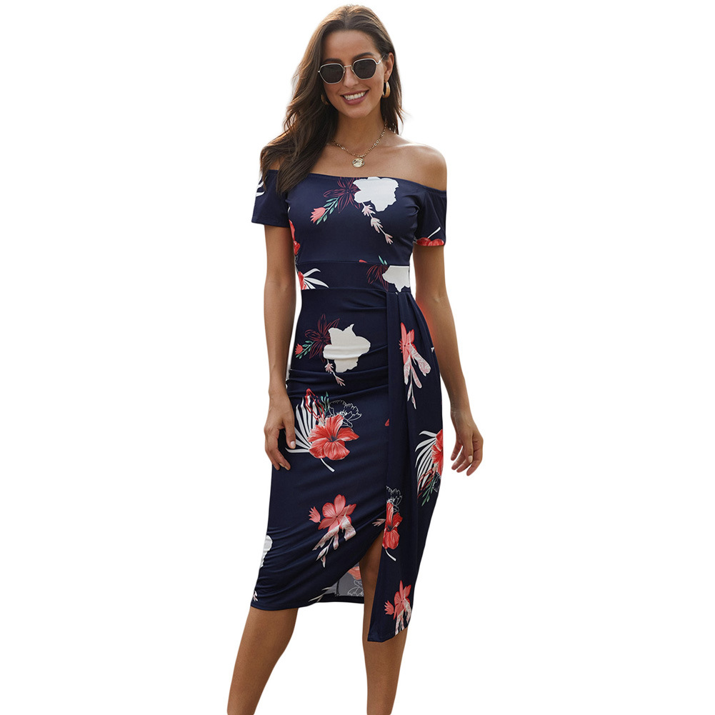 Floral Evening Dress Off Shoulder Mid Length Split Hem Birthday Party Cocktail Event Wholesale Available
