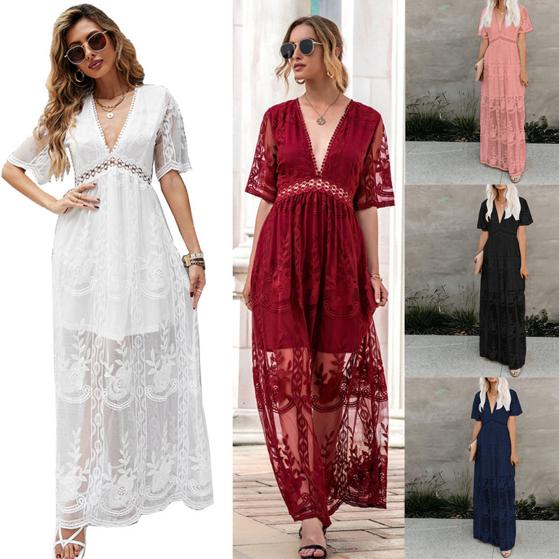 Lace Maxi Dress Embroidered V Neck Solid Color Summer Vacation Style Available in 6 Colors Wholesale