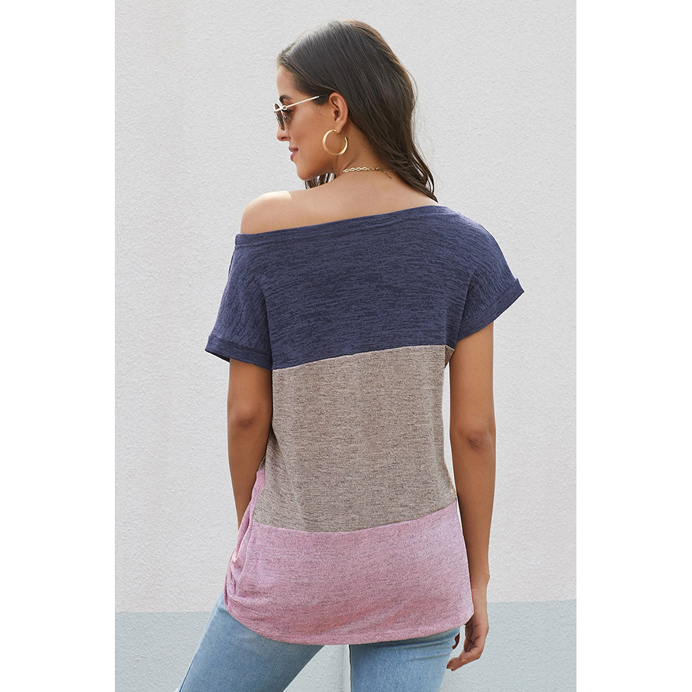 Color Block Asymmetrical Neck Short Sleeve Top Loose Fit Casual Style Perfect for Spring and Summer Wholesale