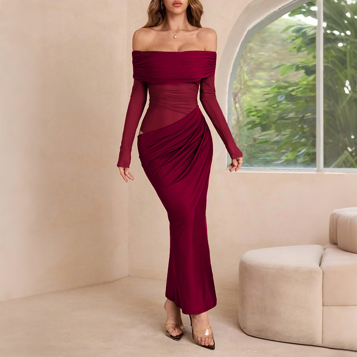 Elegant Off Shoulder Long Sleeve Mesh Maxi Dress for Women Autumn Winter