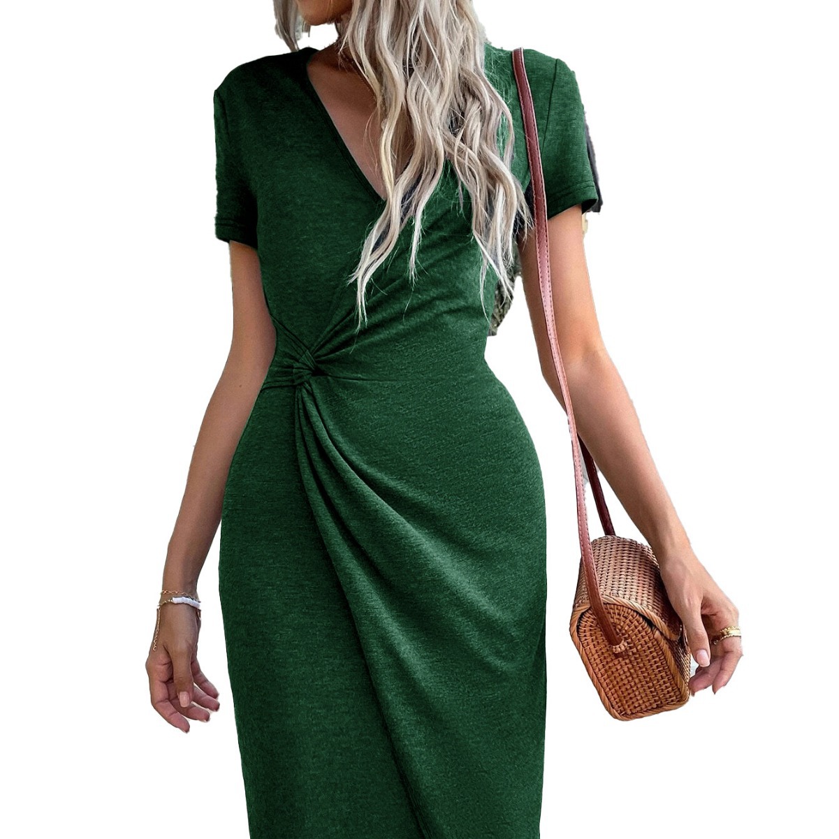 V neck Knot Waist Slim Fit Knit Solid Color Dress Mid length