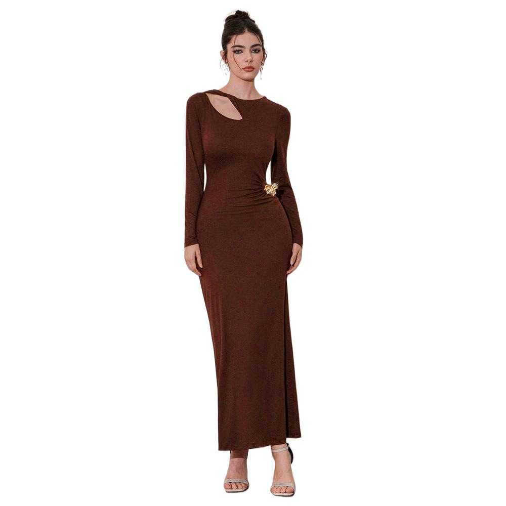 Foreign Trade French Retro Niche Design Hollow Long Sleeve Dress for Women Autumn Winter Atmosphere Slim Fit Gown Long Skirt