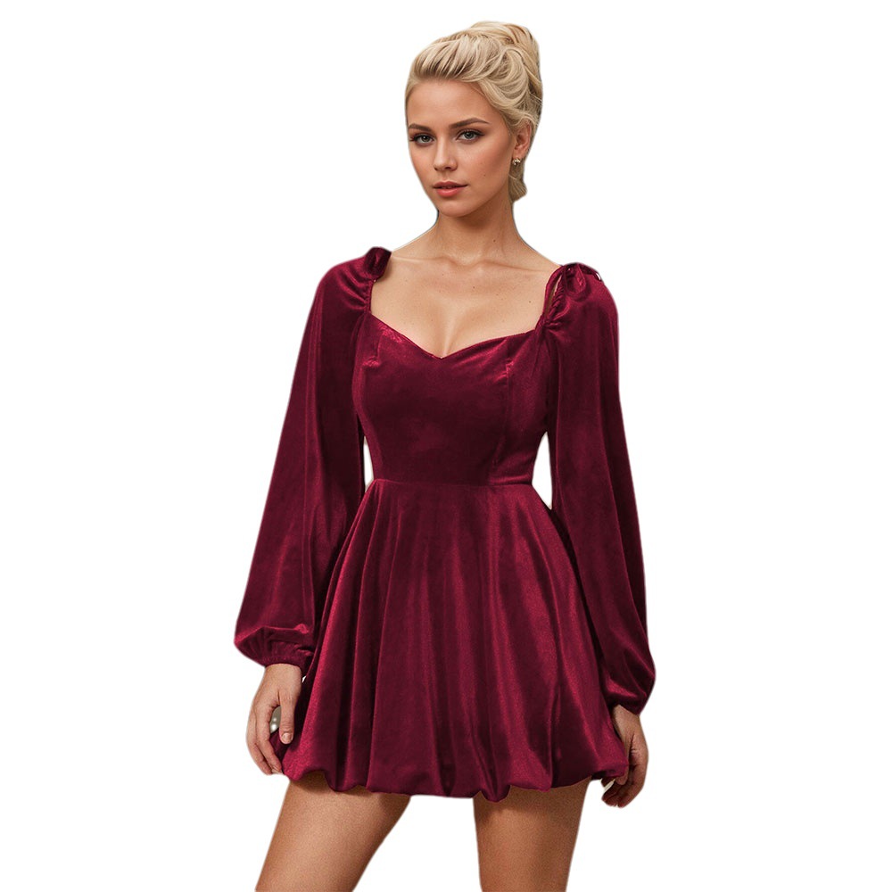 Womens Burgundy High Waisted Dress French Style Autumn Winter Velvet Fabric Party Gathering Wholesale Available