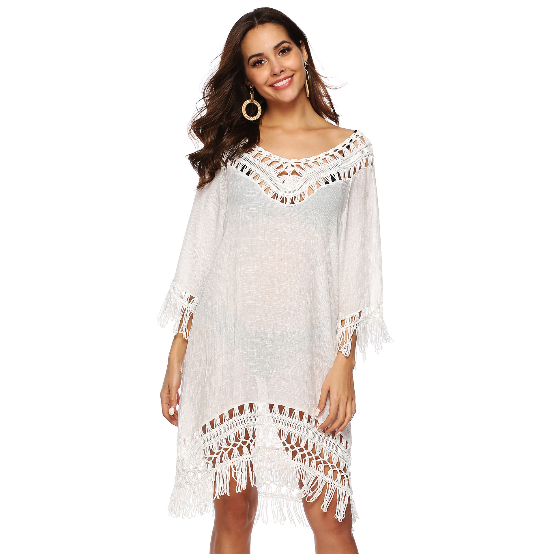 Deep V Hollow Out 3 4 Sleeve Fringe Patchwork Irregular Beach Cover Up Dress Lightweight Stylish Summer Essential