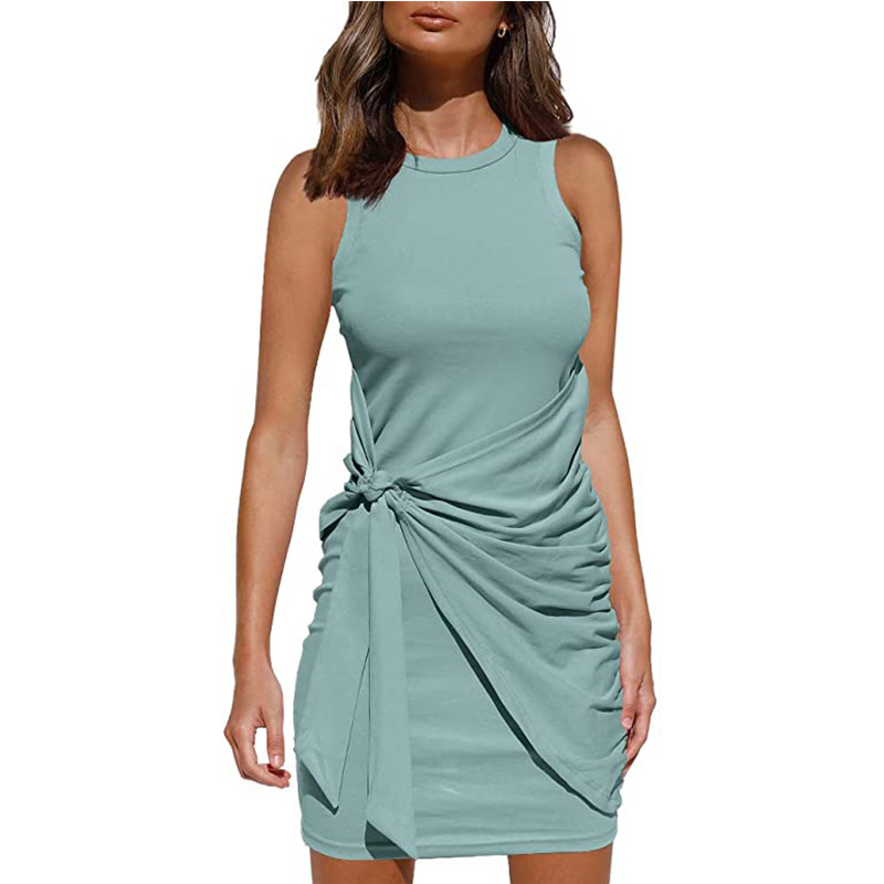 Sleeveless Round Neck Ruffled Dress Bow Tie Waist Asymmetrical Hem Elegant Style Perfect for Parties and Events