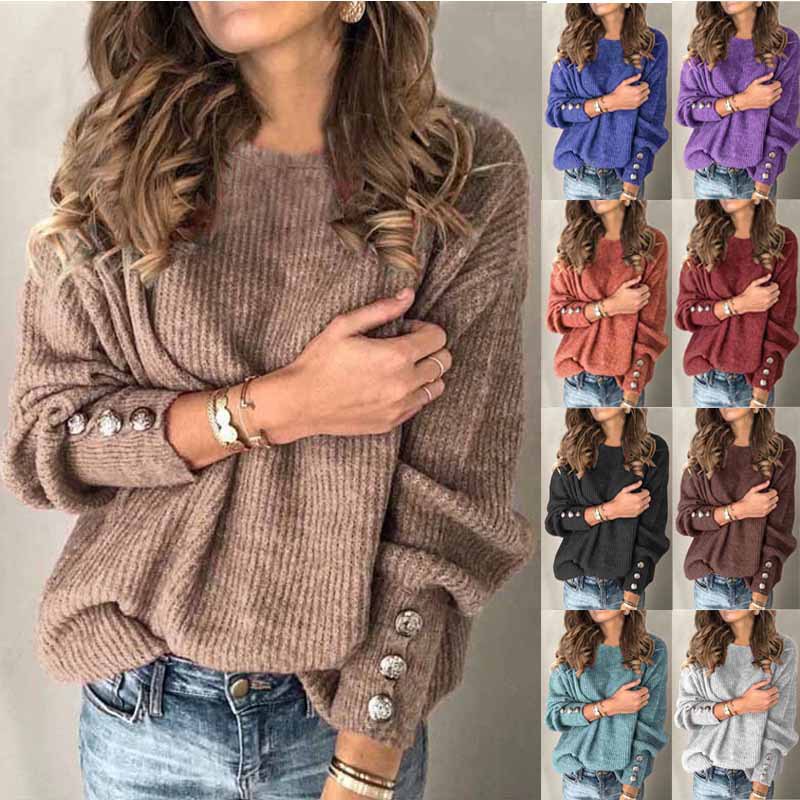 Womens Long Sleeve Knit Top Round Neck Button Detail Comfortable Fabric Casual Wear for Spring and Autumn