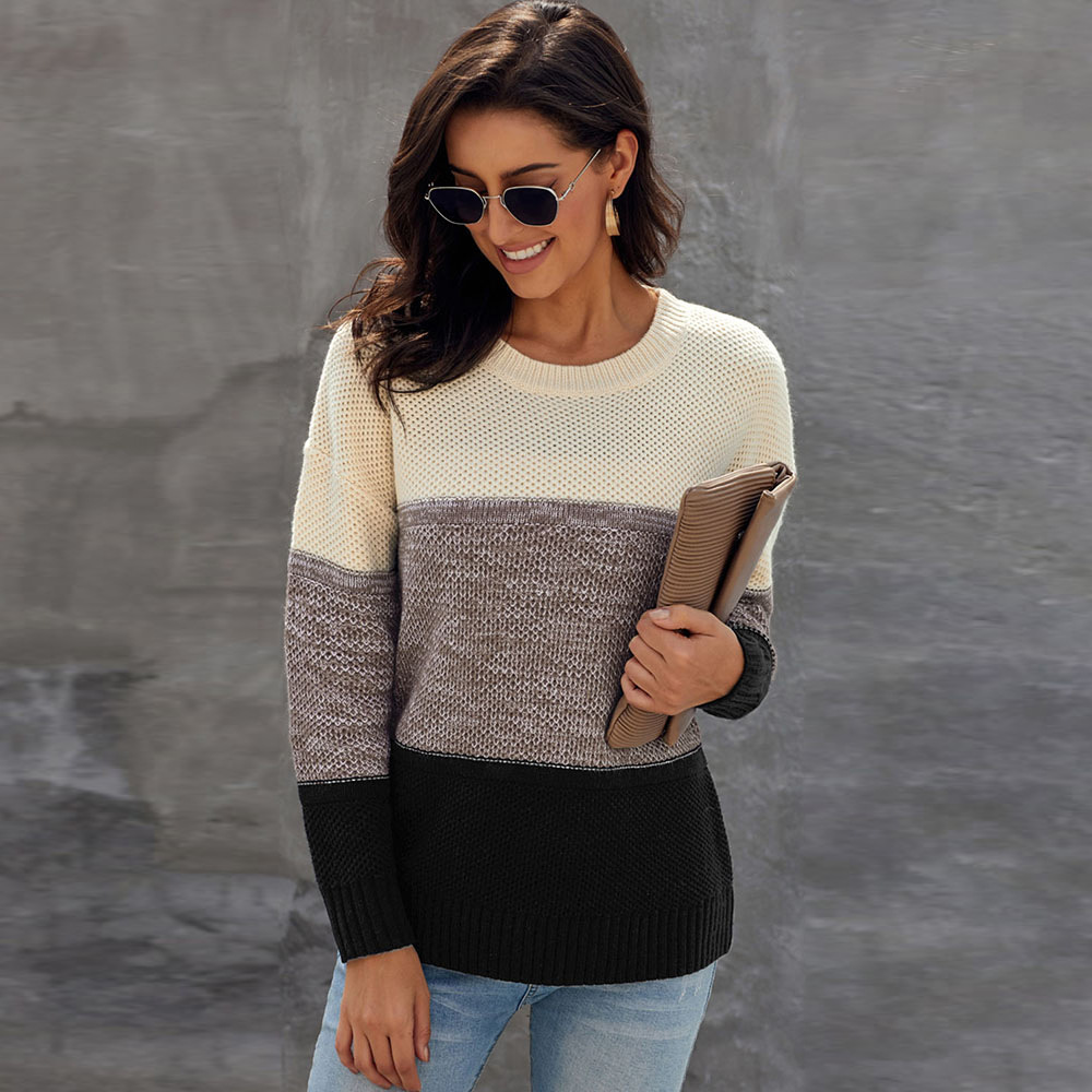 Womens Color Block Sweater Loose Fit Round Neck Long Sleeve Knitted Autumn Winter Fashion Wholesale Available