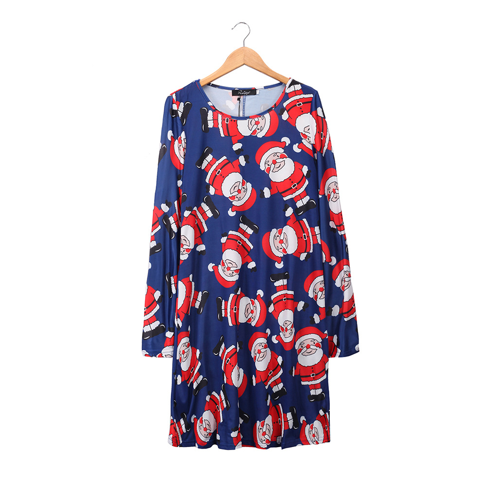 A Line Dress Cartoon Reindeer Print Round Neck Long Sleeve Winter Holiday Wear Wholesale Available