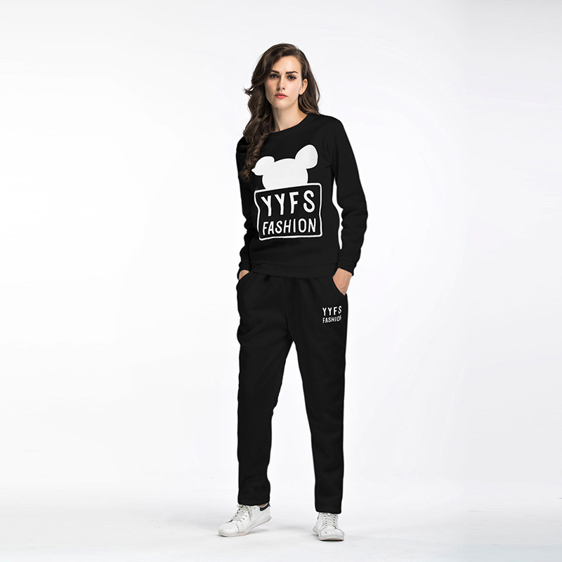 Womens Fleece Lined Sports Set Deer Print Round Neck Long Sleeve Sweatshirt Casual Pants Autumn Winter Wear