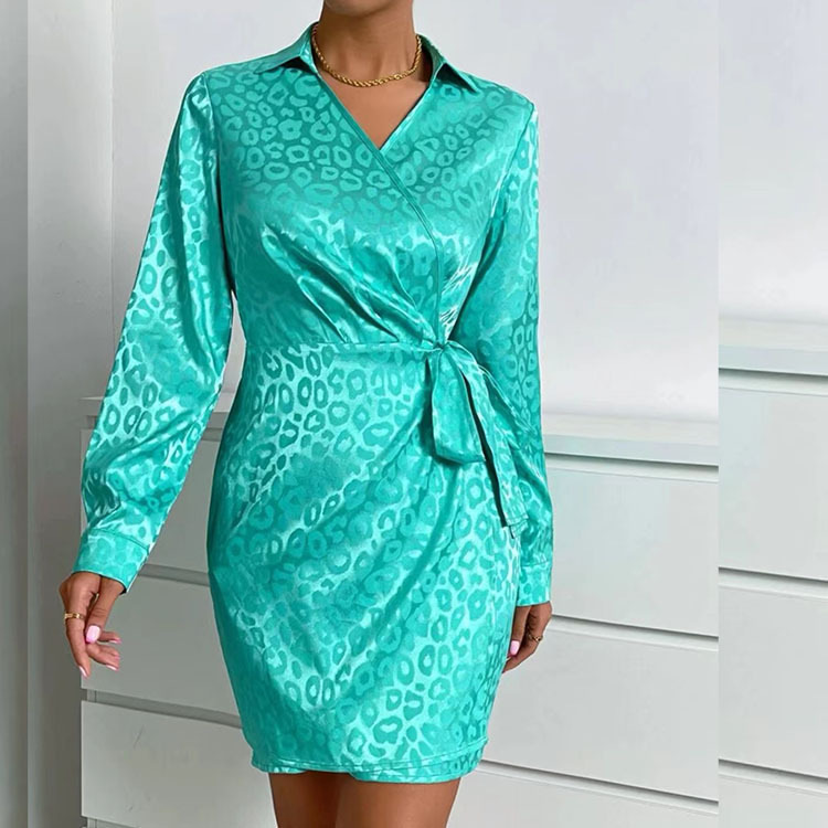 Elegant Leopard Print Blazer Collar Long Sleeve Mid Waist Tie Short Dress for Spring