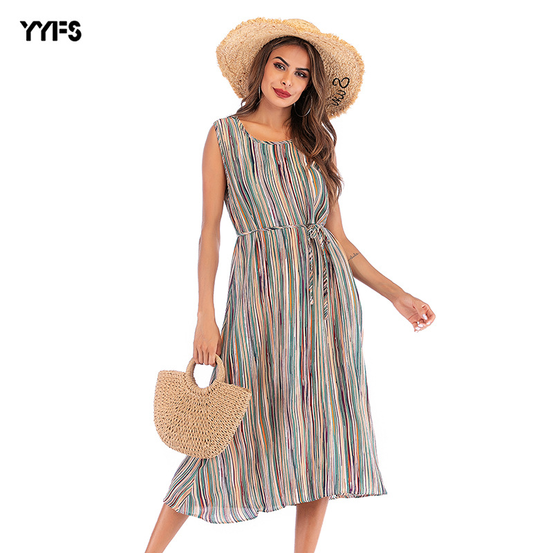 Sleeveless Round Neck Colorful Striped Print Dress Summer Fashion Casual Style Comfortable Fit Wholesale Available
