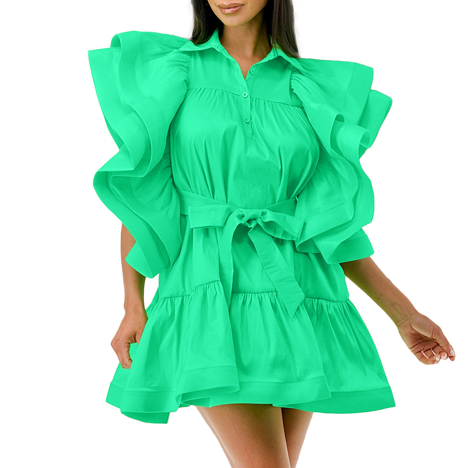 Plus Size Women's Fashion Dress with Lapel and Flowy Sleeves, A Line Design, Trendy Cross Border Style, New Arrival