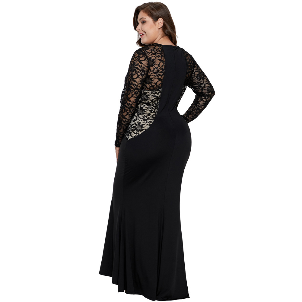 Plus Size Womens Lace Panel Hollow Out Long Sleeve Dress High Waist Elegant Design Perfect for Formal Occasions