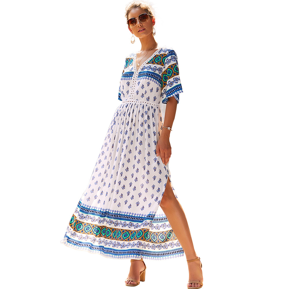 Bohemian Print Dress V Neck Short Sleeve Autumn Style Perfect for Casual Outings Wholesale Available