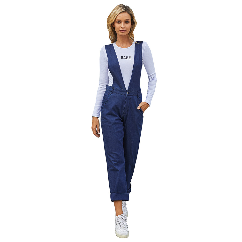 Womens Loose Fit Denim Jumpsuit Vintage Style Deep Blue 3 4 Length Wide Leg Perfect for Autumn Wholesale
