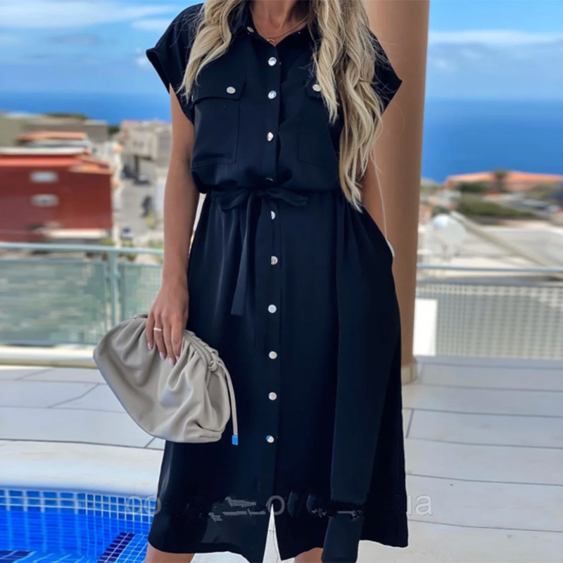 Womens Summer Dress Short Sleeve Lapel Solid Color Belted Button Down Casual or Formal Wear Wholesale Available