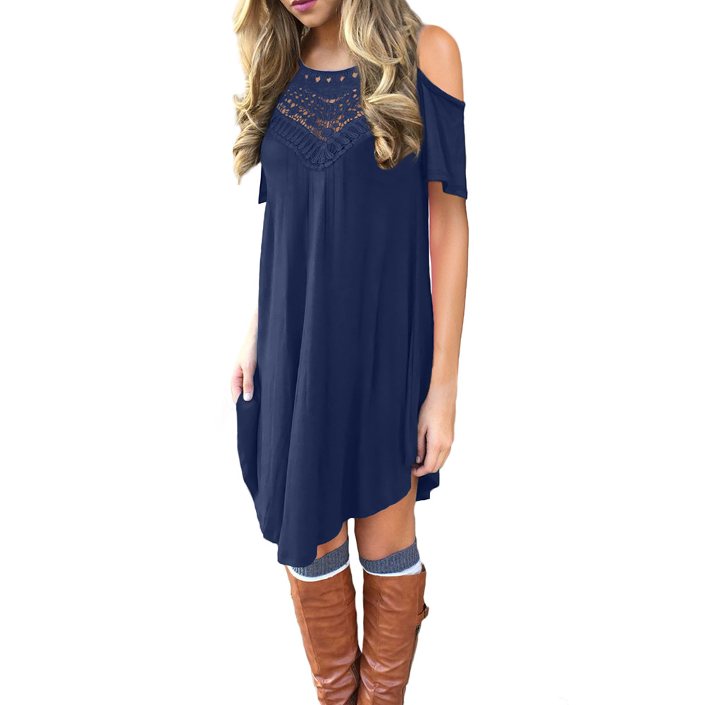 Knee Length Lace Hollow Out Dress for Women Short Sleeve Round Neck Loose Fit Casual Summer Wear Wholesale Available