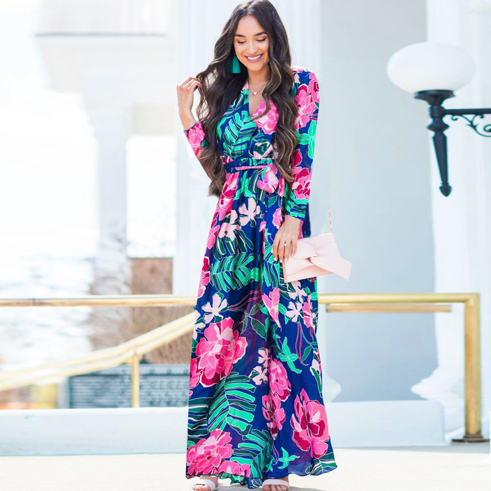 Spring Womens Long Dress V Neck Mid Waist Floral Print Long Sleeve Casual or Formal Wear Wholesale Available