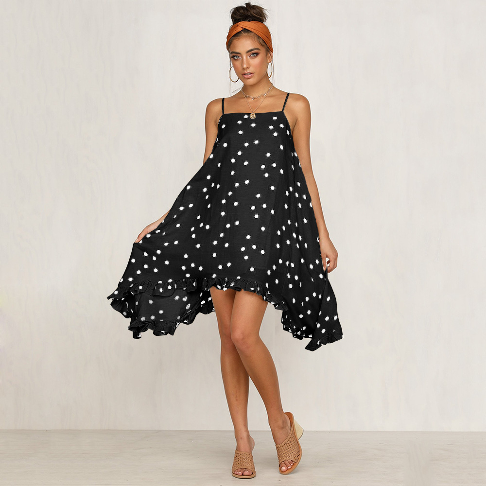 Chiffon Dress Polka Dot Print Irregular Hem Sleeveless Summer Vacation Wear Wholesale Available
