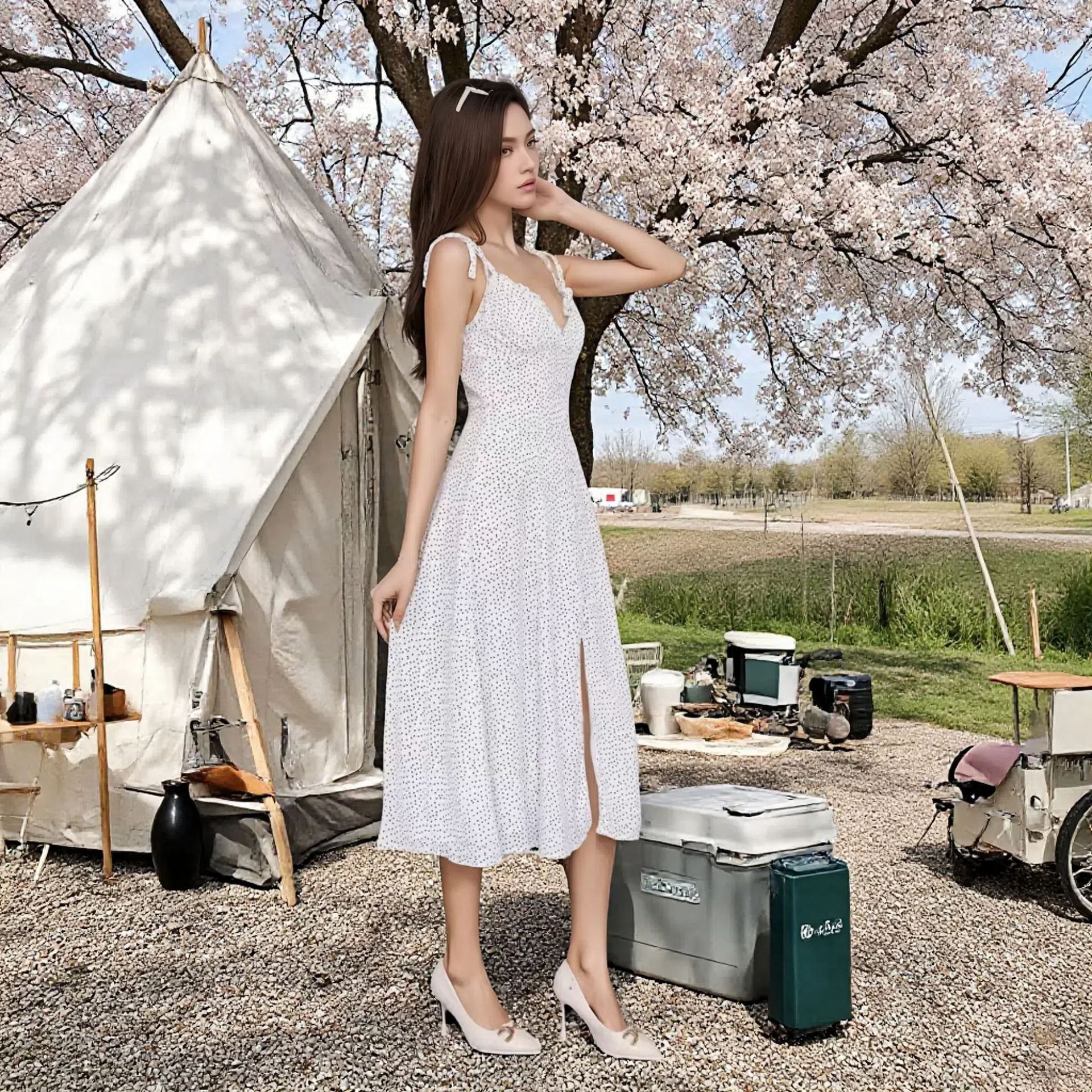 European and American Market Women's Fashion — Sexy Backless, Polka Dot, Long Dress, Spaghetti Strap — Casual Wear — Wholesale