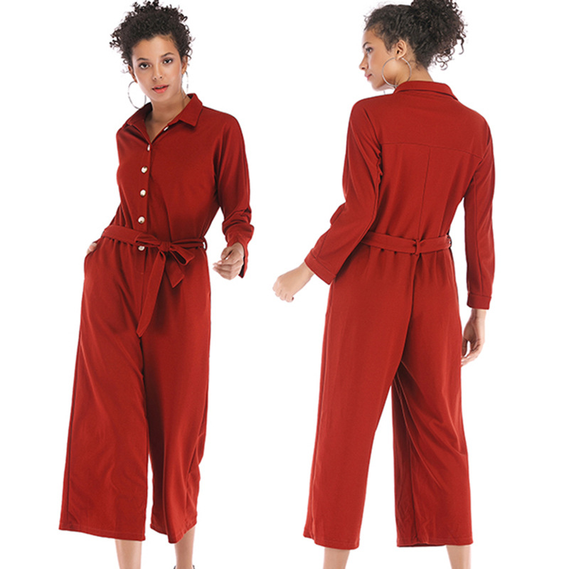 Womens Belted Solid Color Jumpsuit Wide Leg Casual Style Comfortable Fabric Wholesale Available
