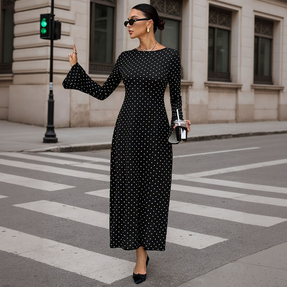 Black Polka Dot Maxi Dress Long Sleeve Open Back Slim Fit Adjustable Tie Elegant Autumn Winter Evening Wear