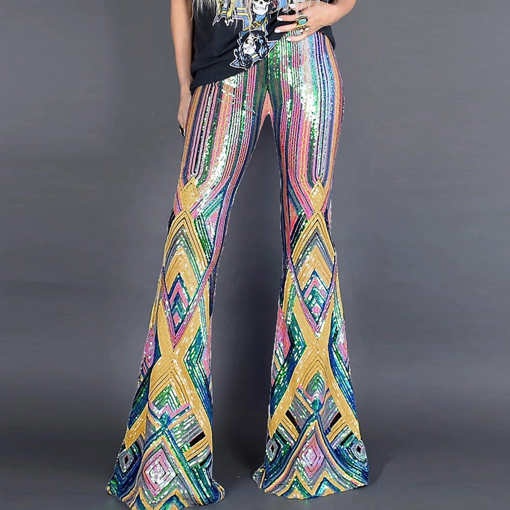 High Waisted Flare Pants Multi Color Geometric Sequins Fashionable Casual Wear for Spring and Autumn Wholesale Available