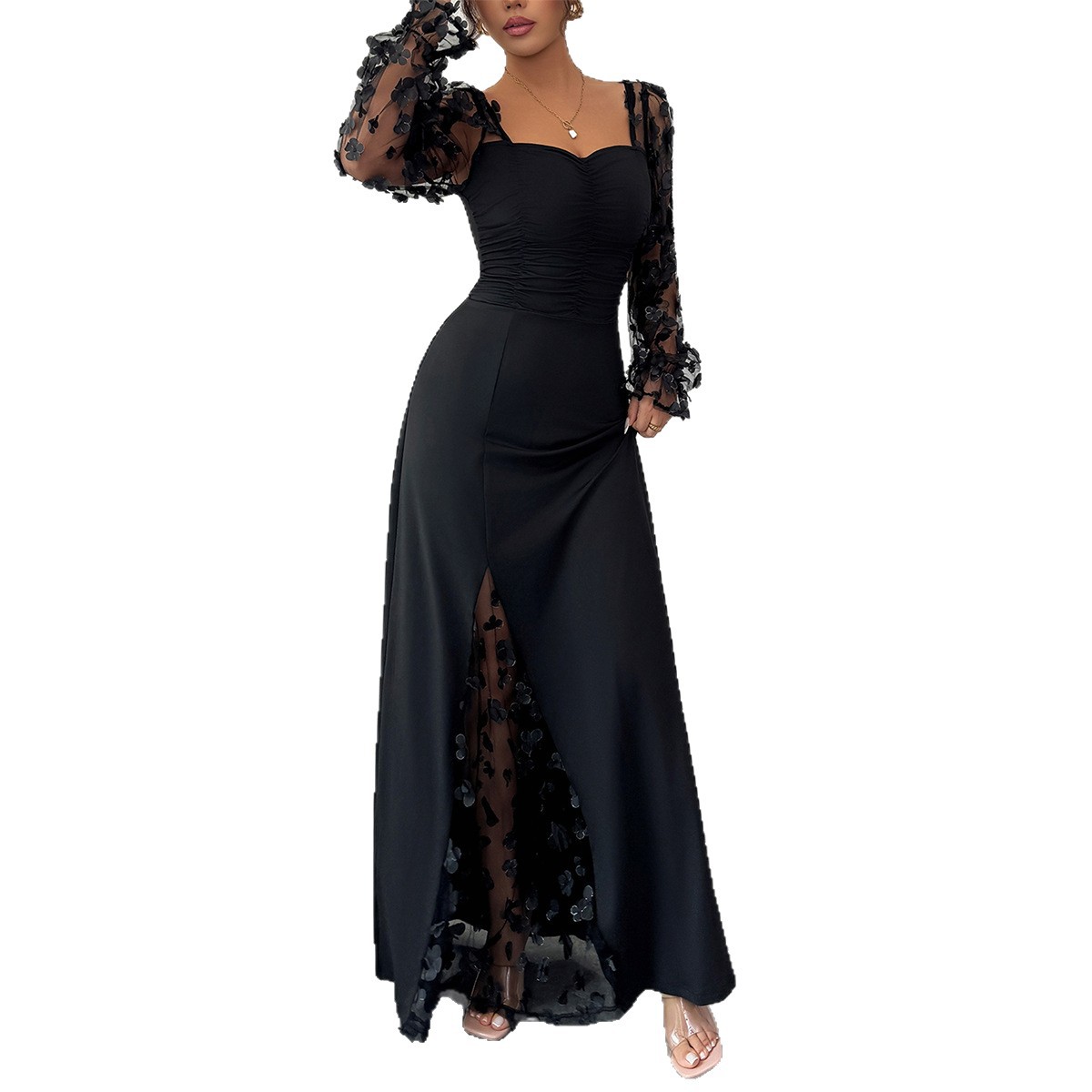 Elegant Hollow Out Long Sleeve Long Dress for Women