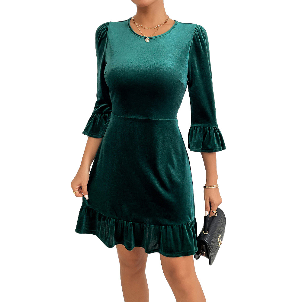 Autumn Winter New Round Neck Slim Fit Ruffle Short Dress Elegant Velvet Dress