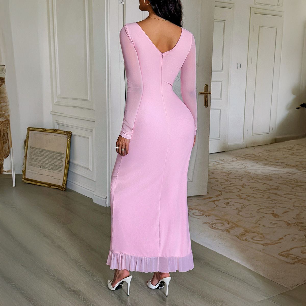 Elegant European and American Style Spaghetti Strap Slit Long Dress for Women Autumn and Winter
