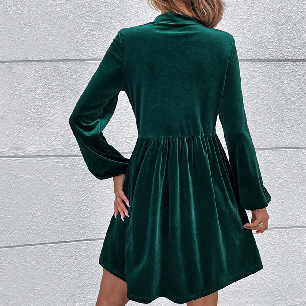 Autumn and Winter New Waist Opening Large Skirt Bubble Sleeve Z Era Long Sleeve Velvet Dress