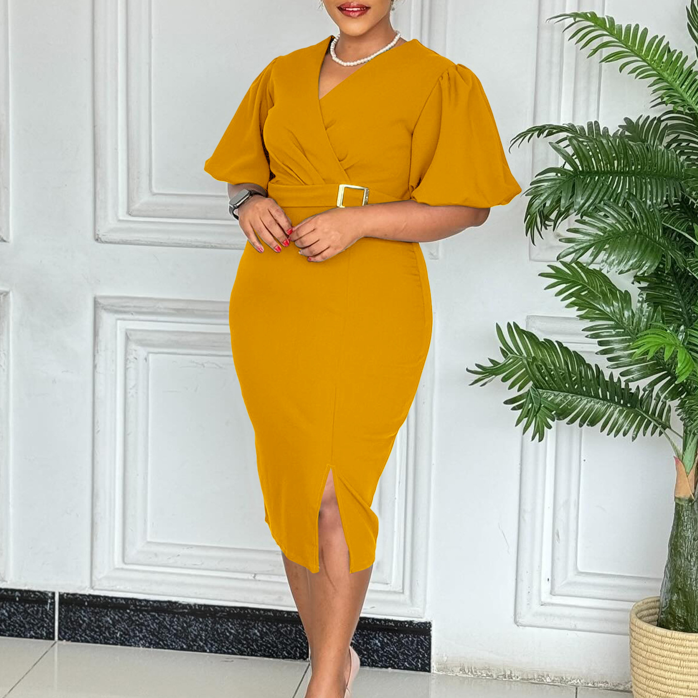 Fashionable V Neck Puff Sleeve Solid Color Bodycon Dress with Waist Tie and Side Slit for Women Trendy African Style Dress