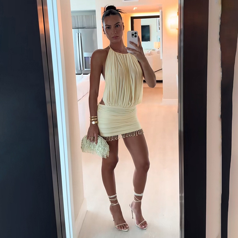 Summer Women's Sexy Halter Neck Sleeveless Bodycon Dress with Fringe and Beads, Trendy Cross Border European and American Styl
