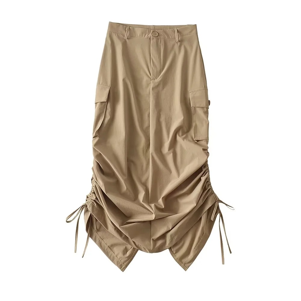 High Waisted Utility Skirt Side Pockets Drawstring Pleated A Line Design Casual Autumn Wear for Women Wholesale