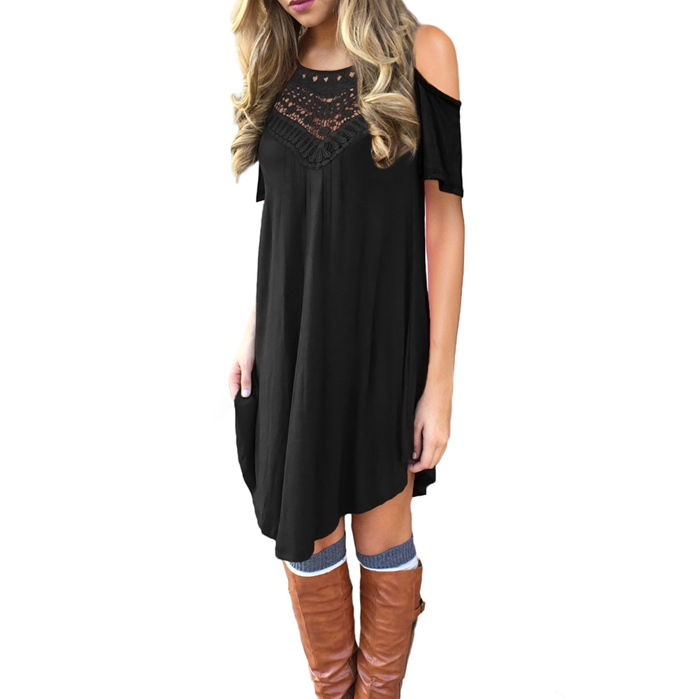 Knee Length Lace Hollow Out Dress for Women Short Sleeve Round Neck Loose Fit Casual Summer Wear Wholesale Available