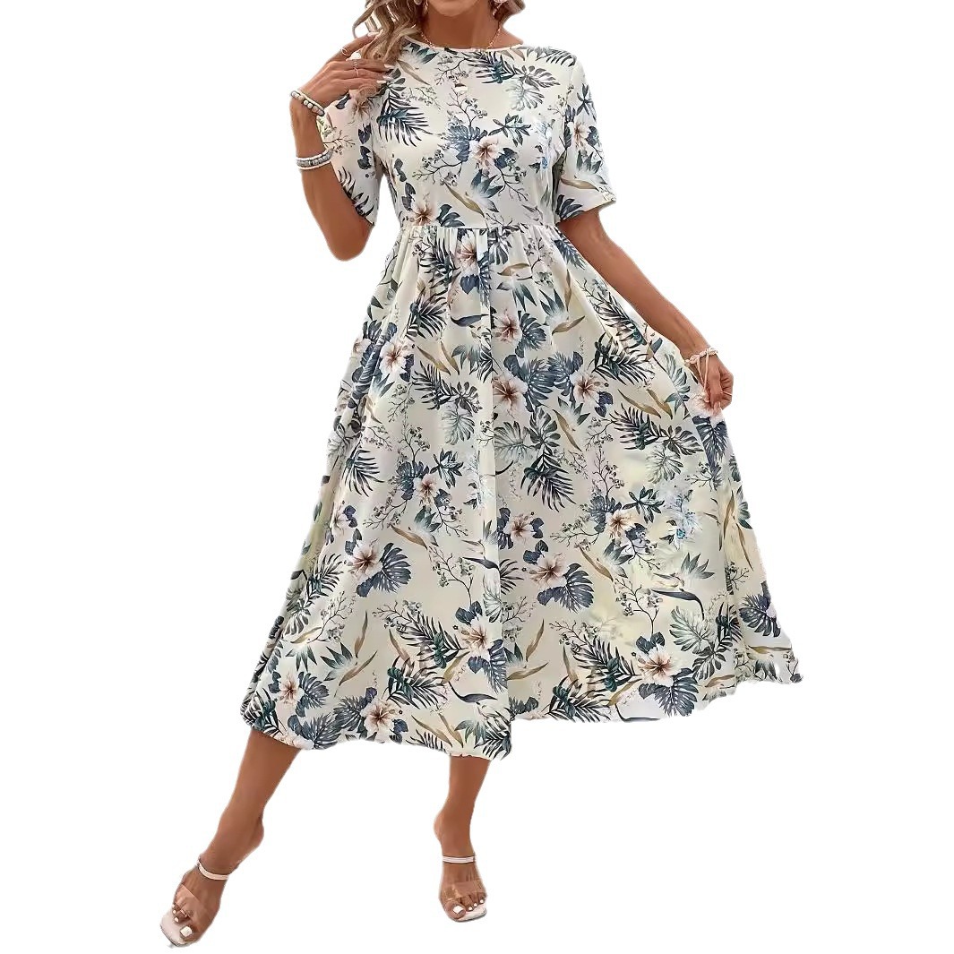 Elegant Summer Floral Print Waist Defined Long Dress Slim Fit Comfortable Fabric Versatile Style Wholesale Available