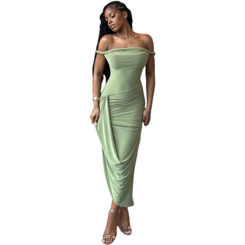 Fashionable Women's Spring Summer Dress with Off Shoulder Design, Sexy Backless, Ruched Split, Slim Fit for Trendy Looks