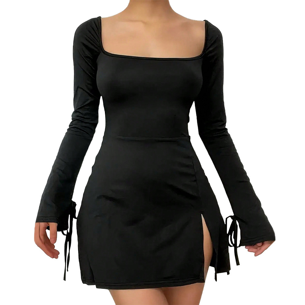 Red A Line Dress High Waist Square Neck Split Hem Versatile Autumn Winter Style Wholesale Available