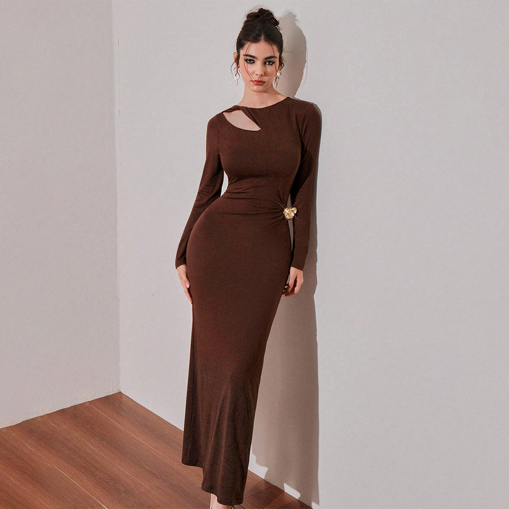 Foreign Trade French Retro Niche Design Hollow Long Sleeve Dress for Women Autumn Winter Atmosphere Slim Fit Gown Long Skirt