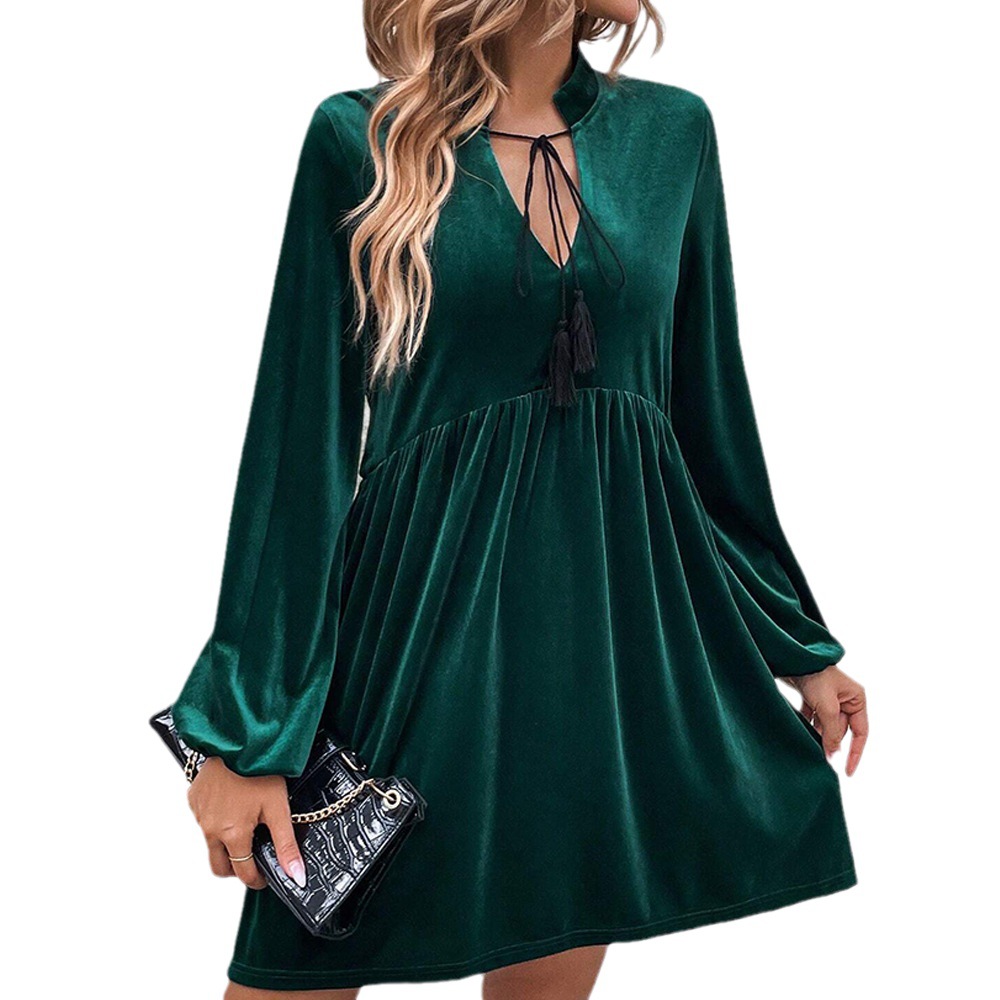 Autumn and Winter New Waist Opening Large Skirt Bubble Sleeve Z Era Long Sleeve Velvet Dress