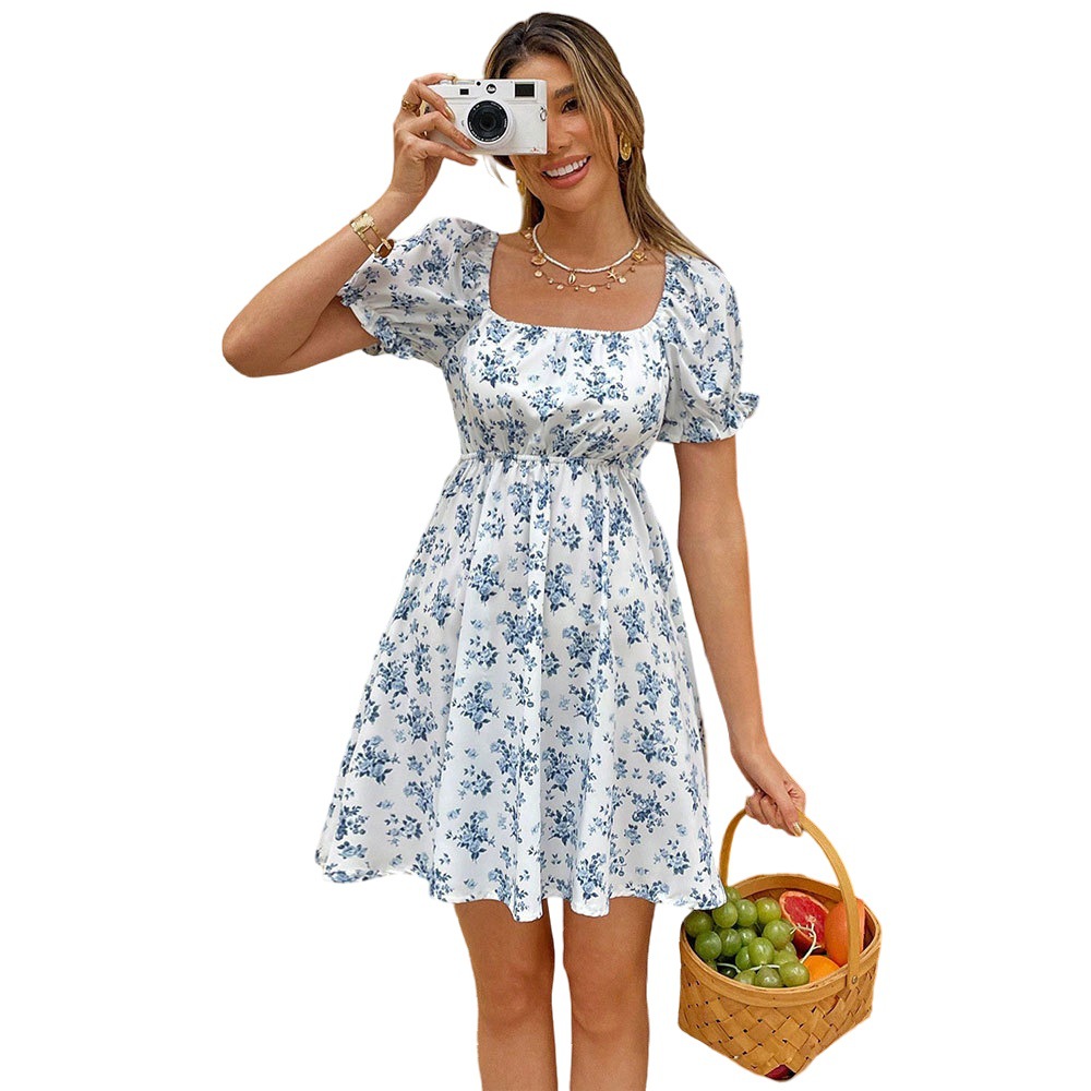 Summer New French Style Sweet Floral Dress with Square Neck and Short A Line Skirt
