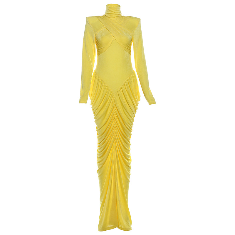 Fashionable Women's High Neck Solid Color Long Sleeve Backless Ruched Bodycon Dress for Autumn and Winter Season