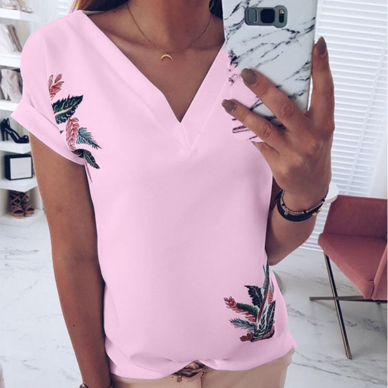 V Neck Short Sleeve Printed T Shirt for Women Casual Style Summer Wear Comfortable Fabric Ready to Ship