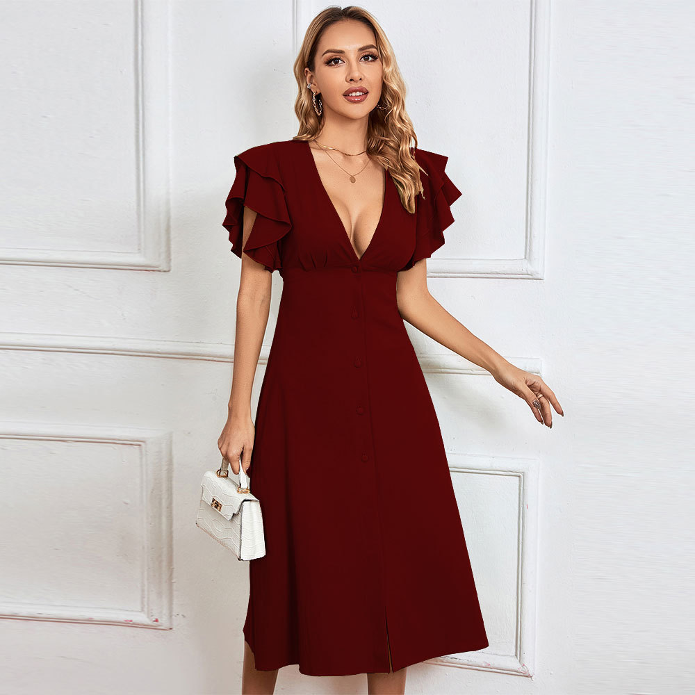 Spring Summer New V Neck Sexy Backless A Line Mid Length Dress for Women