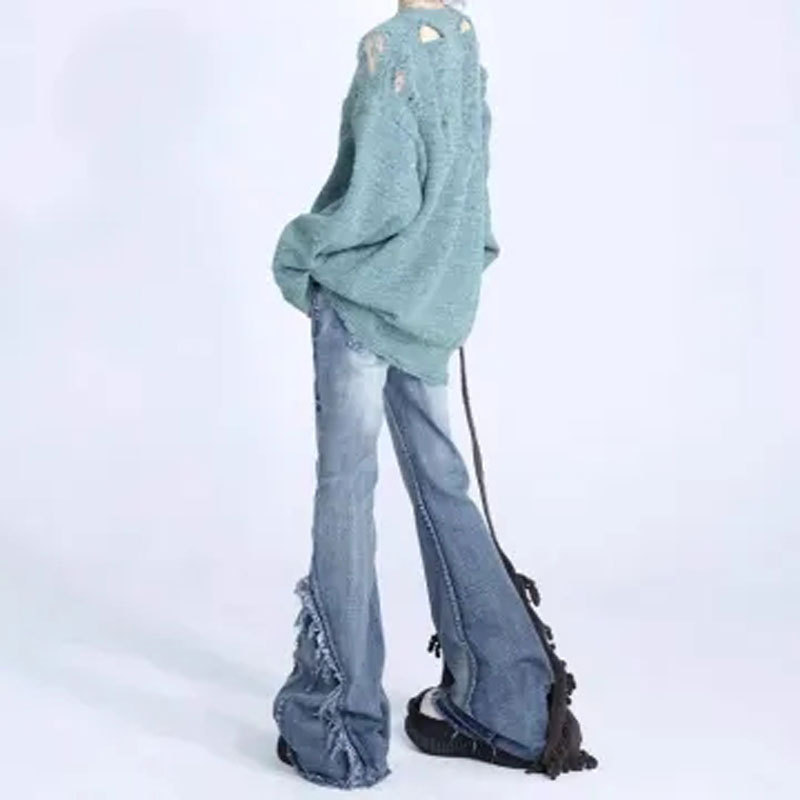 Plus Size Vintage Washed Frayed Hem Flare Jeans for Women Slim Fit High Waist Heavy Duty Fabric Casual Wear