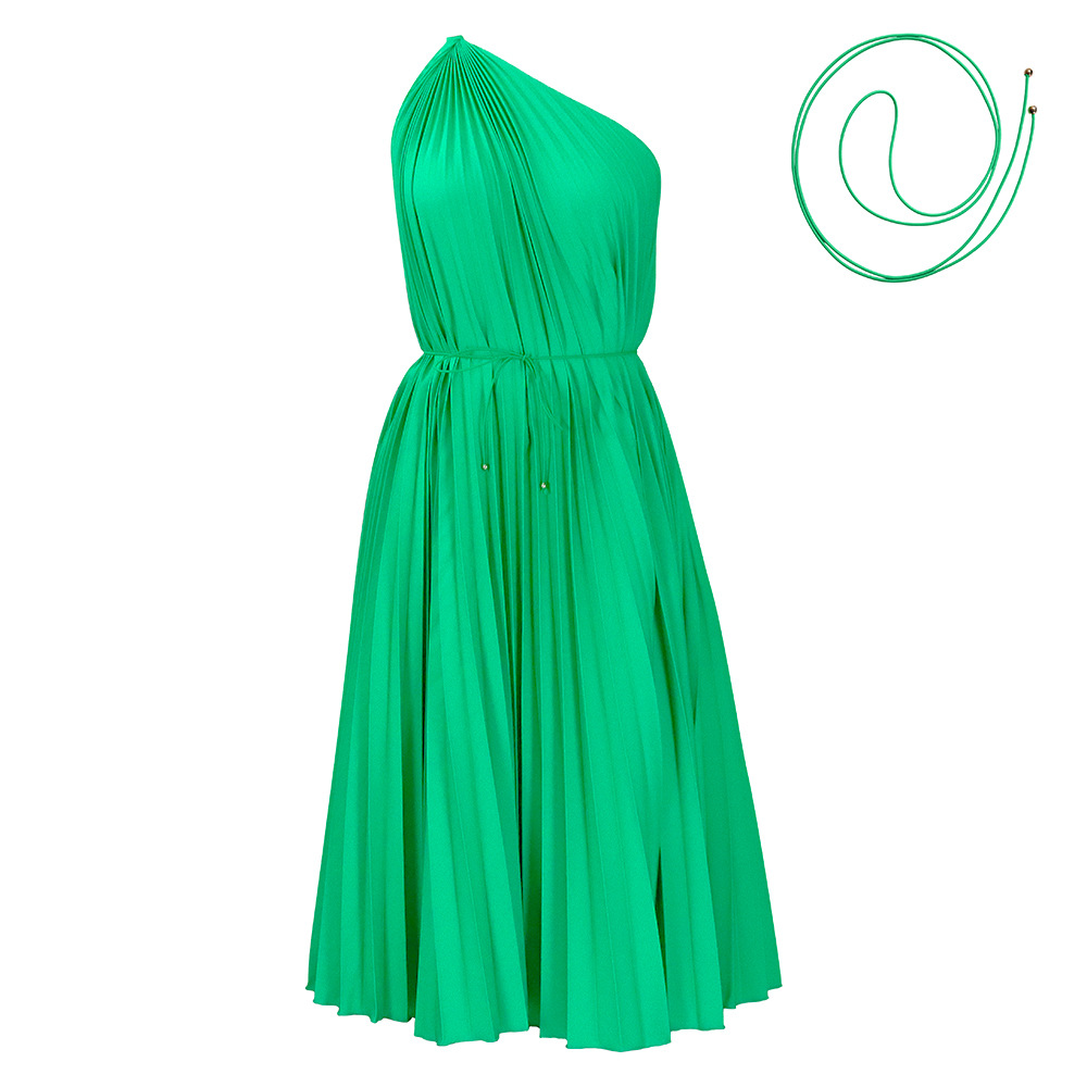 D3208 Plus Size Women's Dress Summer New Pleated Asymmetrical Large Hem Tie Solid Color European and American Dress