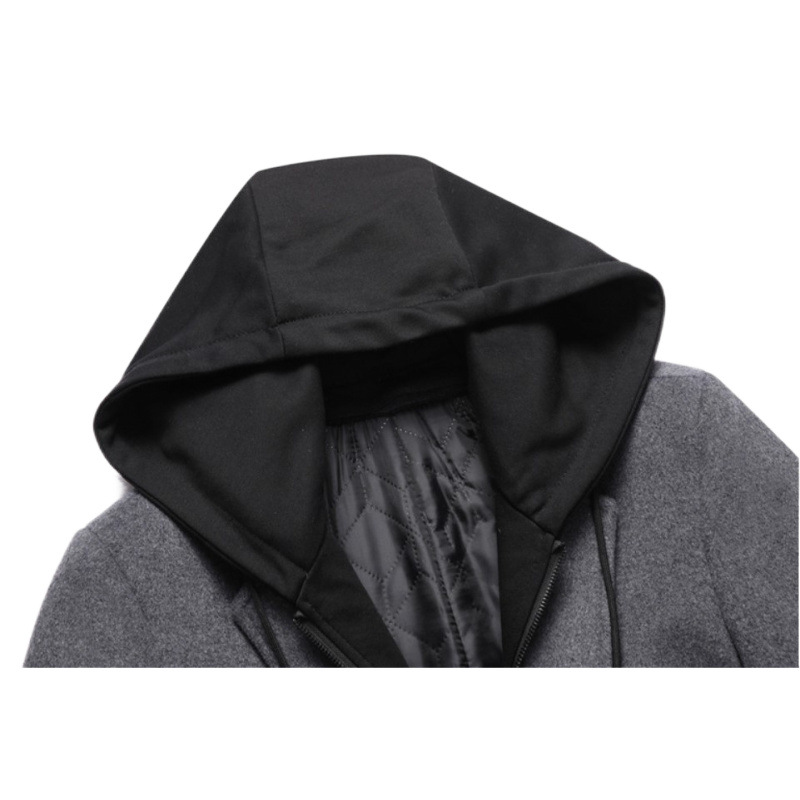 New Men's Korean Style Casual Woolen Coat Mid length with Detachable Hood Trendy Jacket